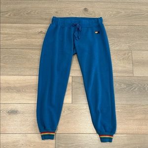 AVIATOR NATION Teal Blue Prism Rainbow Cuff Jogger Sweatpants Mid/Low Rise Sz S